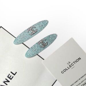 CHANEL 2Pc Lg Hair Clips Blue/Rhinestoned & Original Gift Bag